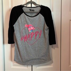 Trolls Kids 3/4 Sleeve Shirt - Gray and Black with Pink Design